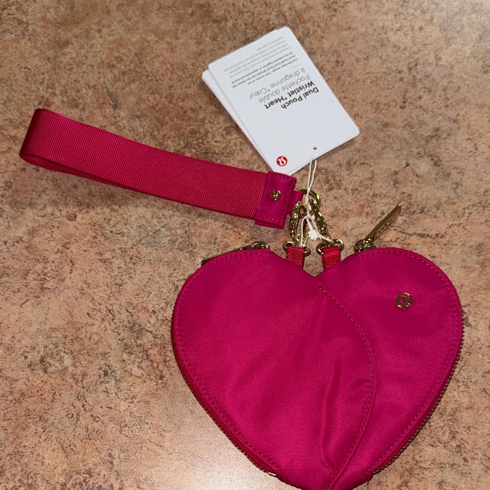 Lululemon Athletica Pink Dual Pouch Heart Wristlet Keychain